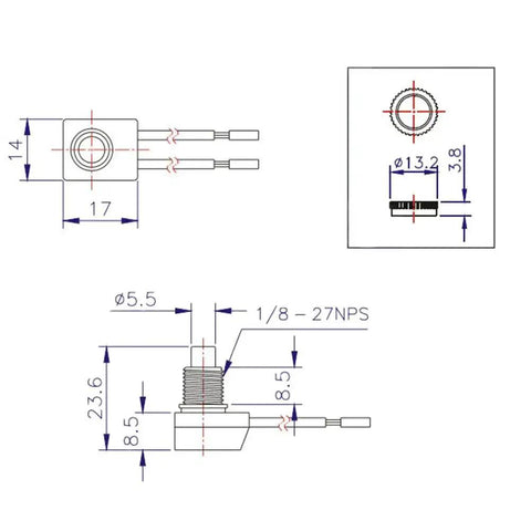 Technical diagram of black 5 Pack 12V Push Button Switches Waterproof On Off Micro Light Toggle with dimensions and installation details