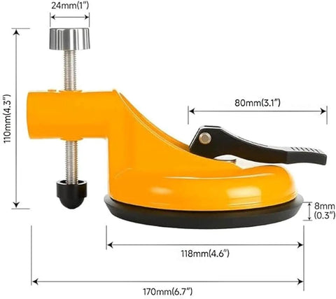 Side view of Go-To Adjustable Height Setter With Heavy Duty Vacuum Suction Cups For Precise Countertop And Floor Leveling, tool with dimensions in yellow.