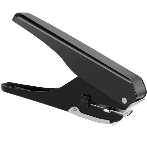 Side view of black Oval Hole Punch For Papers And ID Cards Heavy Duty Handheld Slot Punch Metal Puncher with precise 15x4mm holes.