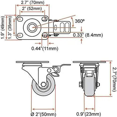 Diagram of Heavy Duty Swivel Caster Wheels 2 Inch Rubber Base With Top Plate And Bearing 24 Pack Total Lock Brake dimensions.