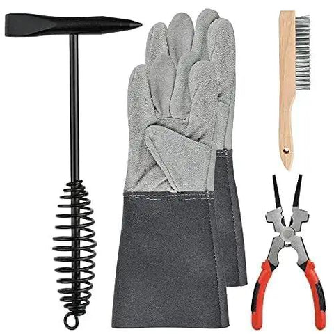 4-Piece Welding Slag Removal Tool Set With 10 Inch Chipping Hammer, Coil Spring Handle, Multi-Functional Pliers, Wire Brush And Welding Gloves