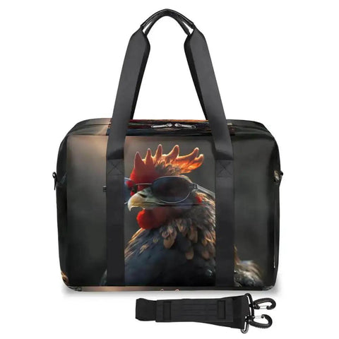 Waterproof Weekender Carry On Duffel For Women Durable Gym Bag And Overnight Travel Tote with black rooster design.