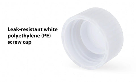 White self-standing transport tube with conical bottom and attached white polyethylene screw cap.