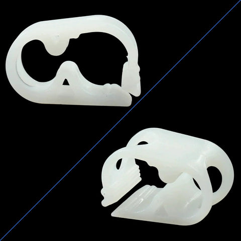 Five Pack Plastic Tubing Clamps For Lab Adjustable Tube Clamp Flow Control Hose Clamp Made Of POM Plastic Durable Elastic Clamp White With Gear Style Adjustment For Tube Outside Diameter Three To Six Millimeters One Eighth To One Quarter Inch showing side view and close-up view.