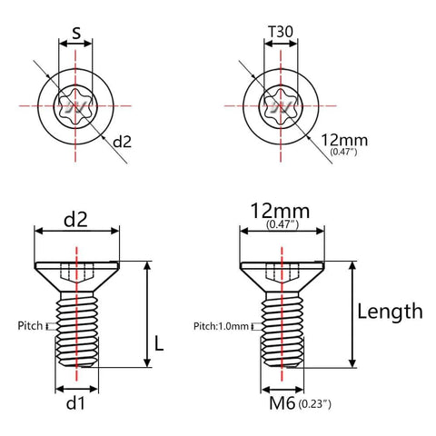 Technical drawing of Titanium Torx Countersunk Flat Head Bolts showing dimensions and specifications for M6 size.