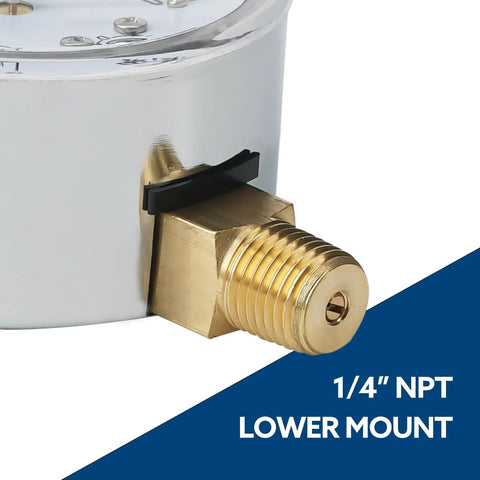 SENCTRL low-pressure gauge, 0–30 in. water column, 2-1/2" dial, brass 1/4" NPT lower mount on chrome body