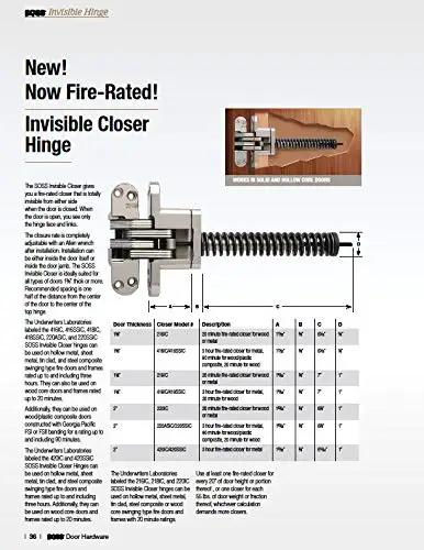 Invisible Closer Hinge Silver For Doors By SOSS Full Mortise Concealed Hinge With Adjustable Closure Fits 1 3 8 To 1 3 4 Inch Thick Doors UL 20 Minute Fire Rating For Wood Or Metal Includes Wood And Machine Screws Fully Hidden When Closed No Cap image showing hinge specifications and bullet points on white background.