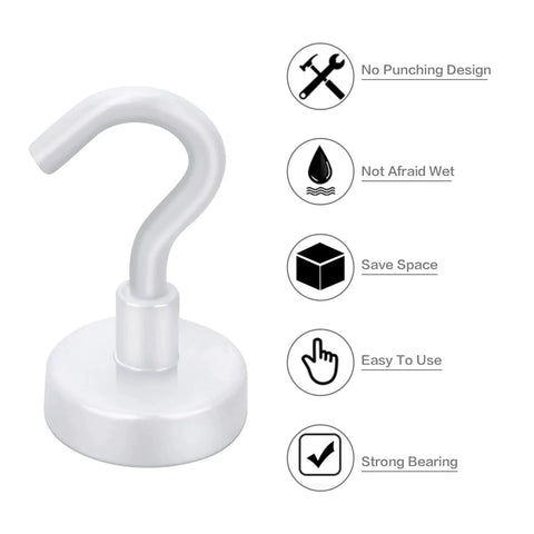 Heavy Duty Magnetic Hooks 30 Lbs Capacity 10 Pack Industrial Grade Rare Earth Magnets For Refrigerator Grill Kitchen Office Home Decor Colorful Corrosion Resistant Hooks With Strong Hold For Horizontal And Vertical Mounting showing no punching design and strong bearing features