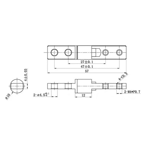 Technical drawing of Constant Torque Position Control Hinge 10x57mm Concealed Damping Hinges With Rotary Shaft 1 Piece 1.0 Nm Torque Silver Hardware