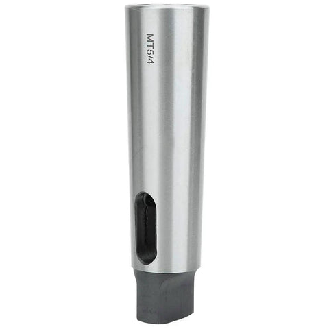 Front view: MT5 to MT4 taper reducing drill sleeve; high-speed steel, silver cylindrical sleeve with inner bore