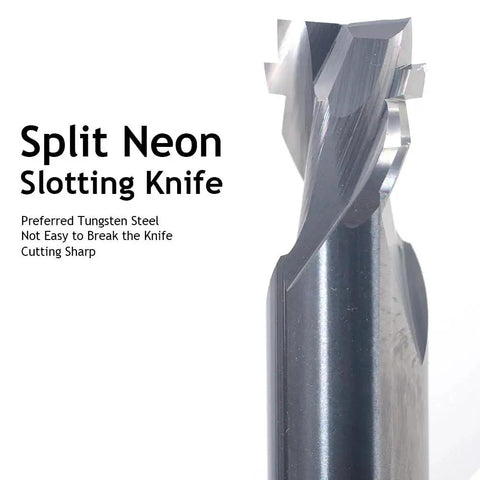 Close-up of 6mm Neon CNC Router Bits Pro Grade Tungsten Carbide End Mills for LED neon sign slotting in polystyrene and acrylic.
