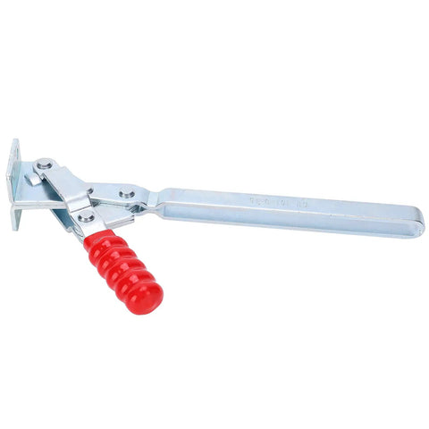Beefy Vertical Toggle Clamp With Lengthened Arm, Rock Solid High Strength Metal Fastening Fixture For Industrial Workholding And Special Clamping Applications, Bright Finish showing side view with red handle.