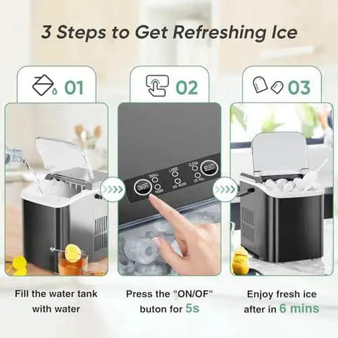 Portable Countertop Ice Maker With Handle 26 Lbs 24H 9 Bullet Ice In 6 Minutes showing three-step operation process