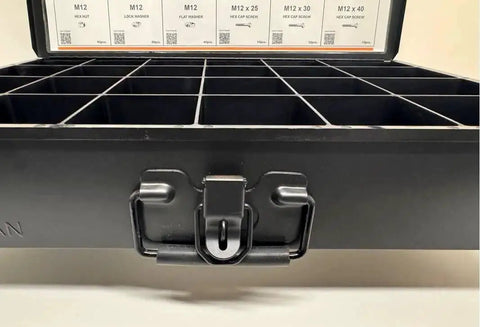 Heavy Duty 24 Compartment Black Metal Drawer Storage Box With Removable Tray, Locking Latch and Cushioned Easy Grip Handle