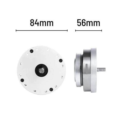 Front and side view of Harmonic Drive SHF 17 IV Strain Wave Gearbox delivers high torque for automated robotic arm servo motor with 80 to 1 speed ratio rock solid build heavy duty precision gearbox for robotics and automation, 84mm by 56mm size.