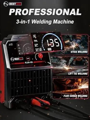 135A MIG Welder With 3 In 1 Flux Core MIG Lift TIG And Stick Welding Portable IGBT Inverter 110V, front view display
