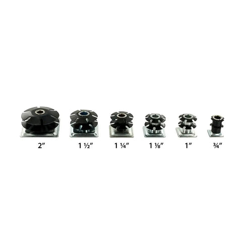 Side view of assorted sizes of caster inserts including Double Star Threaded Caster Inserts Heat Treated Steel Fits One Inch Square Tubing
