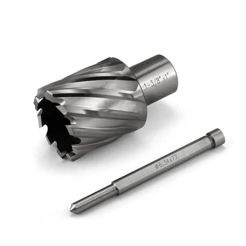 Slugger Annular Cutter Kit for Magnetic Drill Press with 1-3/8 inch cutting diameter, 3/4 Weldon shank, pilot pin, and HSS drill bit visible