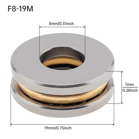 F8-19M thrust ball bearing, 8mm bore, 19mm outer diameter, 7mm thick, metal with gold inner race