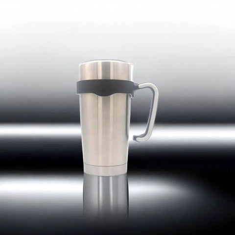 No Slip 20 Oz Tumbler Handle For Vacuum Insulated Mugs, Easy Grip Travel Cup Holder in black shown on a silver tumbler