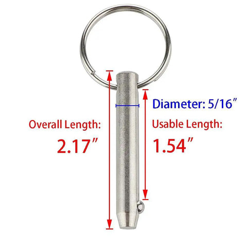 Two Pack Quick Release Pin For Bimini Tops And Boat Deck Poles Diameter Five Sixteenths Inch Overall Length Two Point One Seven Inches Usable Length One Point Five Four Inches Marine Grade 316 Stainless Steel With Spring Loaded Ball, side view