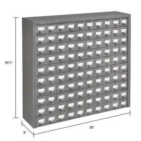 Heavy Duty 100 Drawer Small Parts Storage Cabinet With Label Holders All Steel Construction In Gray Enamel Garage Ready