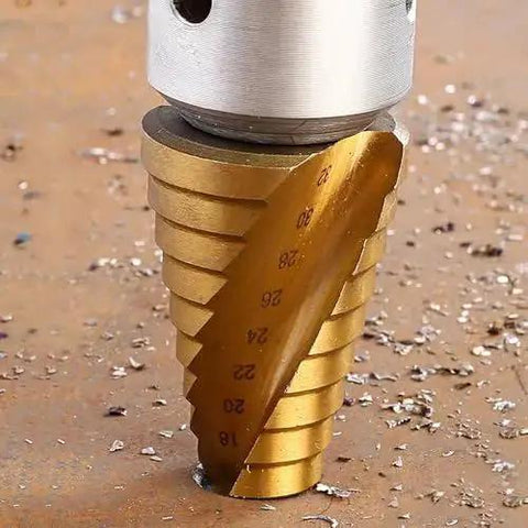 Step Drill Bit Set For Steel And Masonry, 6 Piece Titanium Coated Countersink Drill Bits for Metal Wood and Concrete, close-up view