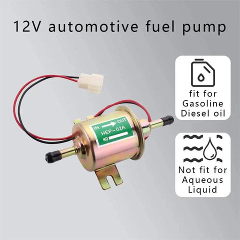 12V inline fuel pump with connectors, labeled fit for gasoline and diesel, not for aqueous liquid, universal for lawn mowers