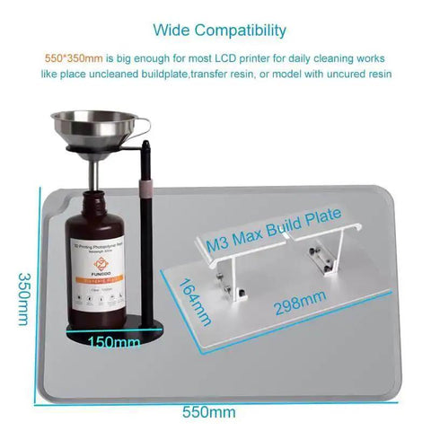 Silicone Resin Cleanup Mat And Transfer Surface For 3D Printers 550mm By 375mm gray, featuring a funnel and bottle on the mat.