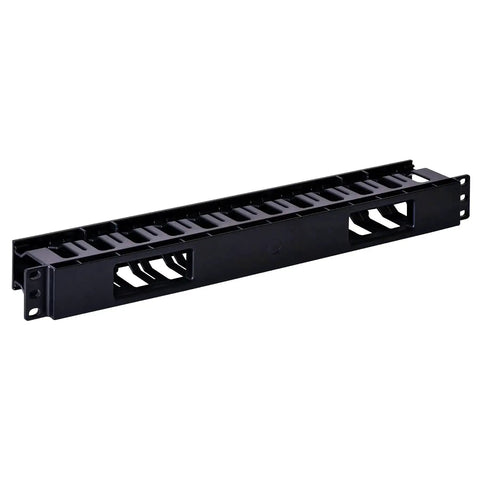 1U 19 Inch Plastic Server Rack Cable Management Raceway With Removable Panel Cover, black, front view
