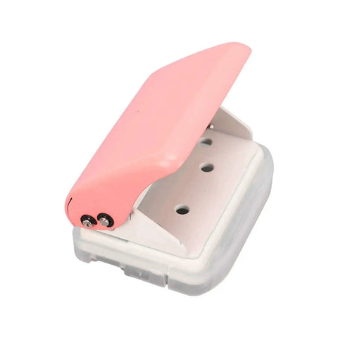 Three Hole Punch Handheld Paper Puncher With Five Sheet Capacity And Alignment Posts in pink, showing three punch holes, portable design.