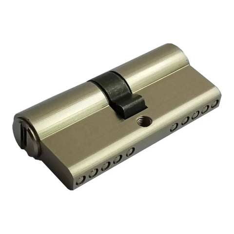 Side view of brass door lock cylinder with float cam and slide blade for wooden/aluminum doors, 70mm length.