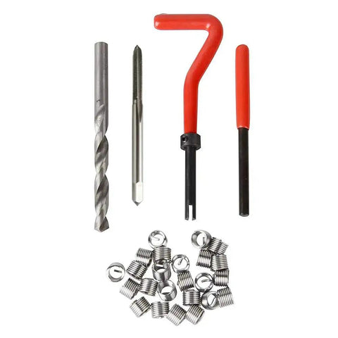 30 Piece Metric Thread Repair Kit With Threaded Inserts And Installation Tool For M3 M4 M7 M9 M11 Helicoil Style Coils Restore Damaged Tapped Holes In Soft Metals And Prevent Wear Pro Grade DIY Ready showing drill bit, tap, and inserts.