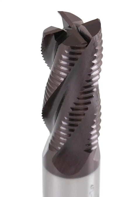 Close-up of Beefy Roughing End Mill TiAlN Coated M42 Cobalt With Standard Tooth Four Flute Three Quarter Inch Diameter by Accusize