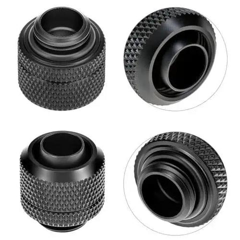 Six pack copper compression fittings for water cooling systems, brass with black chrome finish, close-up of textured grip and G1/4 compatibility.