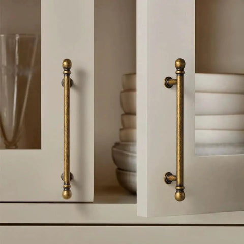 Antique Brass Cabinet Pulls Set Of 10 5 Inch Hole Center on white cupboard doors in kitchen