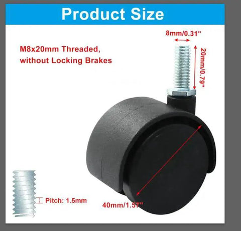 Side view of 4 Pack 1.5 Inch Black Plastic Swivel Caster Wheels With M8 Threaded Stem Replacement For Chairs And Furniture Without Locking Brakes M8 20mm Threaded, Wheel Diameter 40mm Width 35mm