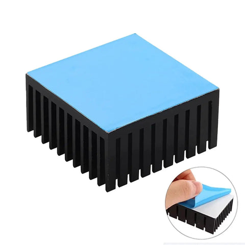 4 Pack Black Aluminum Heat Sinks With Pre Applied Thermal Conductive Tape, shown with blue tape layer being peeled off.