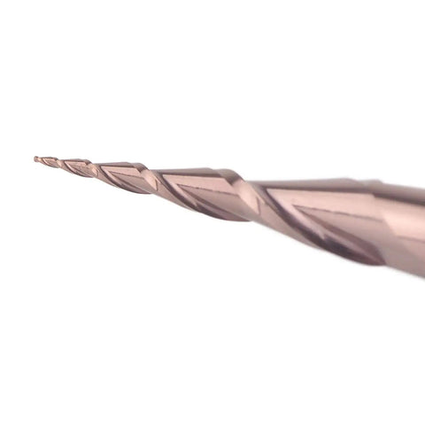 Side view of Tapered Ball Nose End Mill Set For CNC Router Four Pack With One Quarter Inch Shank And Radius Two Hundred Fifty Microns Tip
