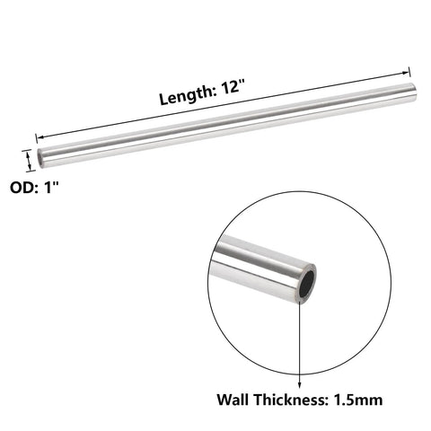 A-KARCK 1 in OD 304 stainless steel round tube, 12 in length, 1.5 mm wall, 2 pcs