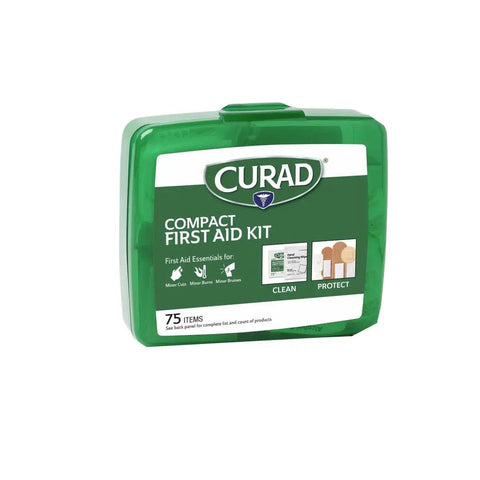 Compact 75 Item First Aid Kit In Green With Zippered Soft Case Refillable Travel Ready For Car Backpack Or Home Use Includes Hold Tite Tubular Stretch Bandage Trial Size Curad