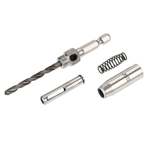 Self Centering Hinge Tapper Core Drill Bit 11 64th Inch Diameter for Woodworking Pro Grade Precision, components laid out