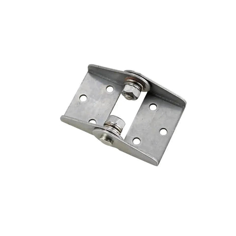 Angled front view of a stainless steel damping torque hinge with mounting plates and pivot pins