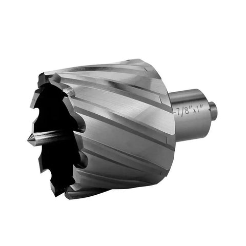 Premium HSS Annular Cutter Kit With Pilot Pin For Magnetic Drill Press By JESTUOUS One And Seven Eighths Inch Outer Diameter One Inch Cutting Depth Three Quarter Inch Weldon Shank Includes Plastic Case Slugger Bit For Clean Burr Free Holes visible close-up of cutter