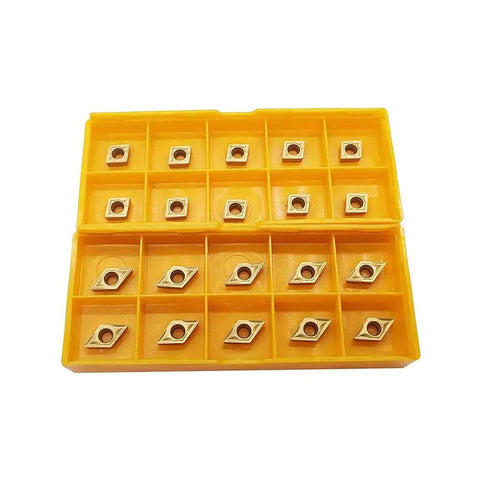 Carbide Turning Inserts Set For Lathe Multi Layer Coated CCMT DCMT 21.51 060204 21.51 070204 in a yellow box, 20 pieces visible.