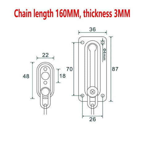 Diagram of Four Piece Door Chain Lock Set With Six Screws Premium Stainless Steel Chain Locks, showing dimensions, 160mm chain length.