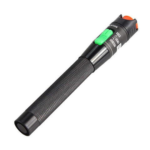Visual Fault Locator pen for fiber optics, black knurled body, green switch, red light, 30–50 km range, Amazon
