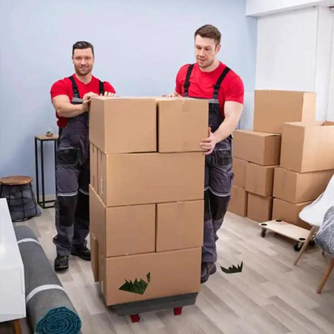 Two movers with 2-In-1 Heavy Duty Platform Trucks And Flatbed Carts With 1760 Lbs Capacity Detachable Solid Steel Wire Fence in a room.