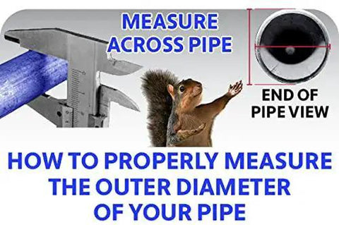 Caliper measuring outer diameter of a blue pipe with instructions and a squirrel illustration.