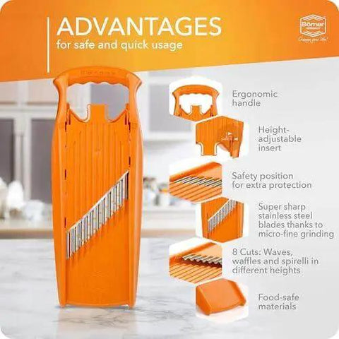 Wave Waffle PowerLine Veggie Slicer for Crinkle Cut, Waffle and Spirelli Styles with Adjustable Thickness, Fast Home Kitchen Mandoline for Fun Plates, Made in Germany Orange Börner by Reston Lloyd features ergonomic design, adjustable height, and multiple cutting options for safe and quick usage in a home kitchen.